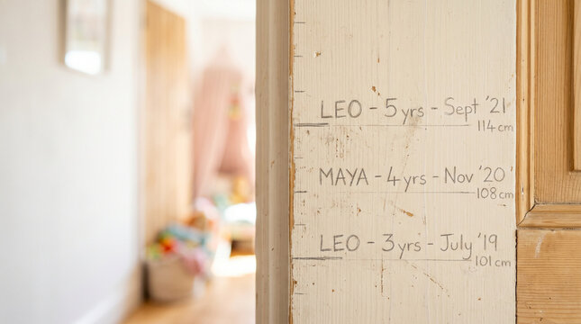 Macro of faded pencil marks on wooden door frame height chart  