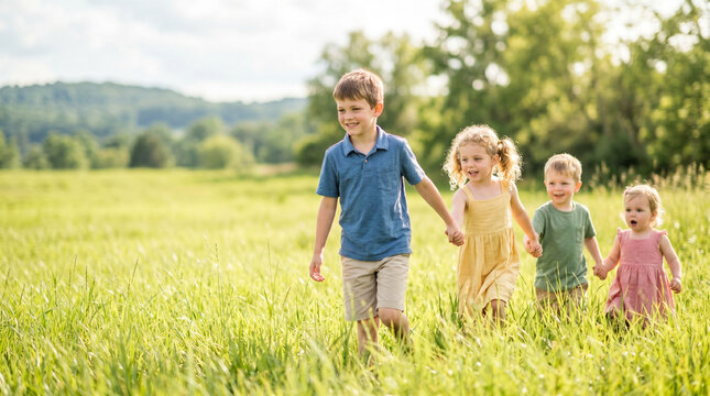 Firstborn proudly leading younger siblings by hand through tall grass  
