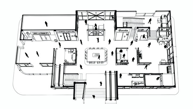 Architectural floor plan vector of a modern shopping mall, retail store interior layout with shoppers, commercial building blueprint with escalators