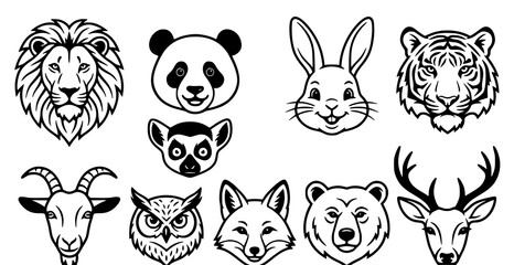 Black and white illustrations of ten different animal heads © aliful