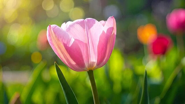 Beautiful pink tulip flower blooming in a sunny spring garden