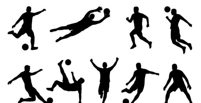 Dynamic soccer players silhouettes collection goalkeepers kickers and action poses for sports graphics