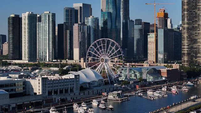 Aerial view of the skyline of the Chicago Navy Pier in the United States