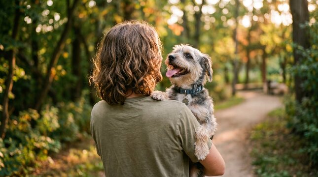 A long haired man with wavy brown hair gently holds his adorable scruffy terrier mixed breed dog while looking at the happy animal with love.