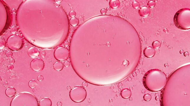 Close up of pink oil bubbles and small emulsions floating in a pink liquid.