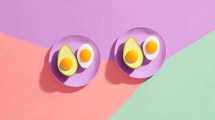 Fototapeta premium Halved avocados and hard boiled eggs on two purple plates against a split colorful pink purple and green background