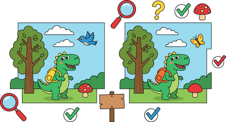 Find the Differences Dinosaur Game Vector Template for Kids Activity Sheet Featuring Cute Cartoon Tyrannosaurus Rex Backpacker Butterfly and Bird Puzzle Designs © Masud