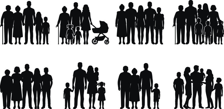 Multi generational family silhouette collection with parents children and grandparents isolated on white background