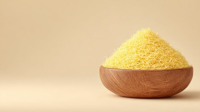 A large heap of thin yellow sev snacks served in a rustic wooden bowl against a plain light beige background surface