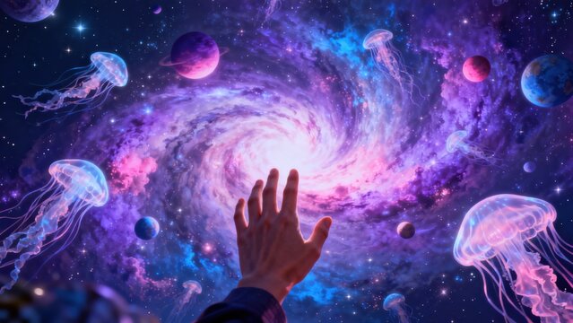 Hand reaching into cosmic jellyfish