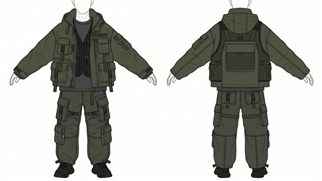 Fashion Technical Drawing of Layered Streetwear Outfit with Utility Vest and Multi Pocket Systems CAD Flats
