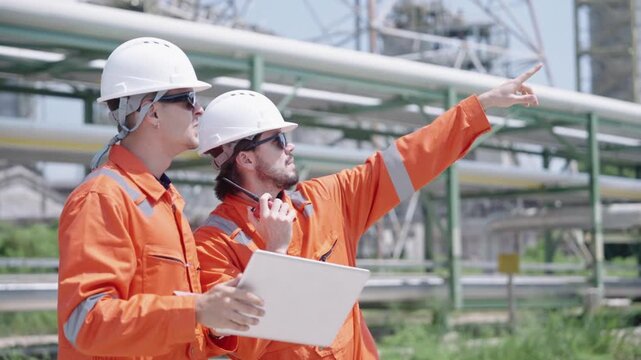 Orange-jacketed engineers meticulously review blueprints and laptop computer outdoors at sprawling industrial pipeline complex, utilizing safety helmets for an engineering inspection.