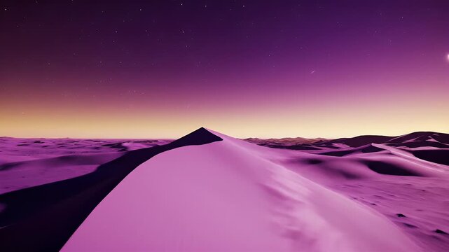 Pink desert dunes under a starry, twilight sky with a sliver of moon