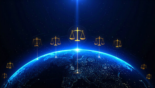 Global Justice and Fairness: Abstract representation of the earth with glowing scales of justice symbolizing universal law and ethical principles.
