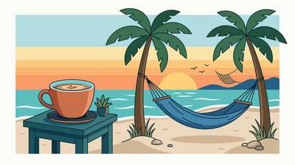 Fototapeta premium Coffee cup on tropical beach with sunset and hammock.