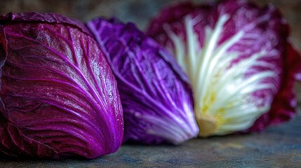 Obraz premium Whole red cabbage heads beside a halved radicchio showing vibrant purple leaves and white veins on a textured surface