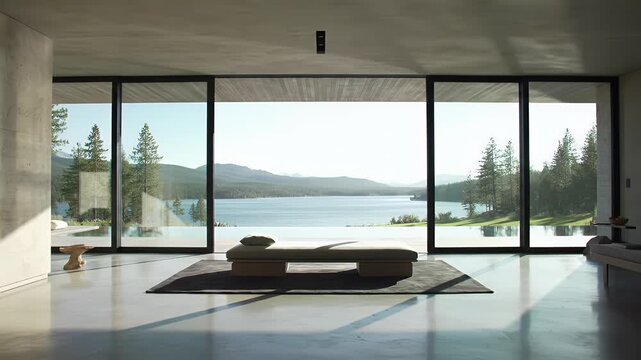 Modern minimalist living room with expansive lake and mountain views