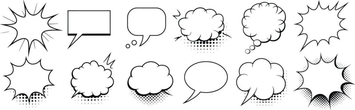 Collection of various comic speech and thought bubble styles in line art