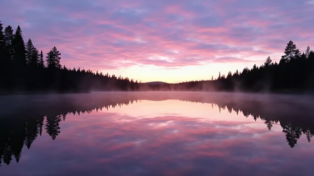 Misty lake at sunrise with purple clouds reflected in calm water