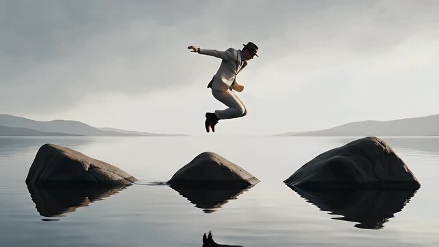 Man in hat and suit leaps between rocks on calm water with distant hills
