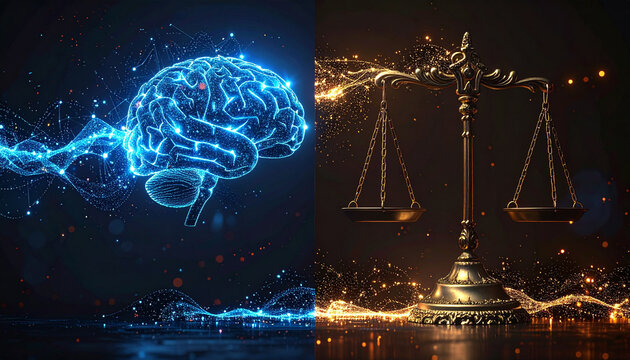 The Fusion of Intellect and Justice: A striking visual dichotomy, contrasting a luminous, stylized brain pulsing with digital energy against the classic scales of justice.