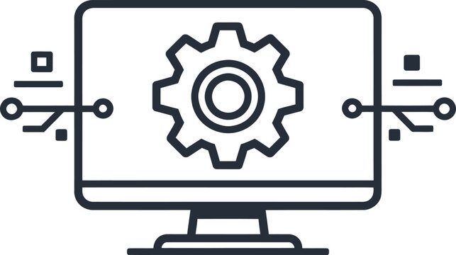 Computer monitor displaying large gear icon with network connection symbols around