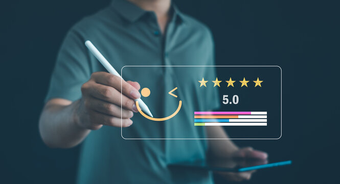 Customer satisfaction and five-star rating concept featuring a user providing digital feedback on a mobile device, highlighting customer experience, online reviews, service quality, and brand trust.