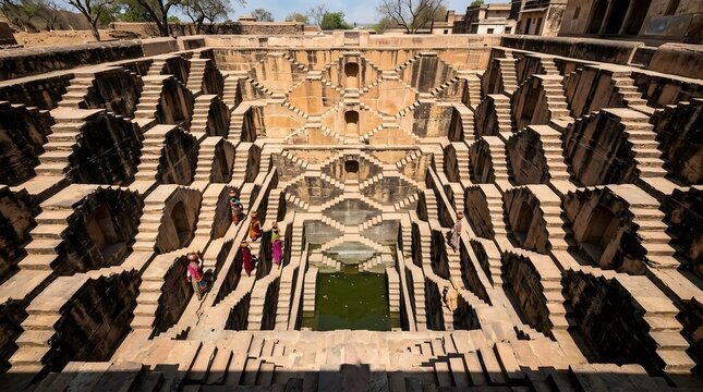 Ancient Indian stepwell architecture featuring stone stairs leading down towards deep green water tank with women carrying earthen pots on their heads under sunny day in arid desert landscape setting.