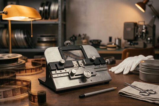 Vintage film splicer tool on wooden table with film reels and equipment  
