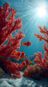 underwater shot of three clownfish weaving 