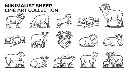 Minimalist sheep line art collection, modern ram and lamb vector icons, simple livestock farm animal illustrations for branding and logo design © Noman