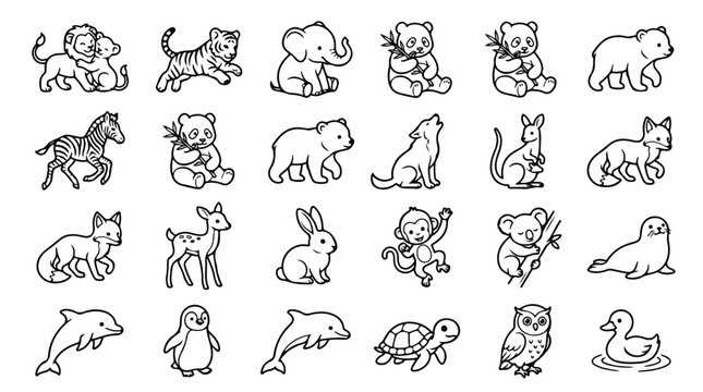 Cute animal line art icons set, 24 hand drawn wild animal vector illustrations, minimalist black and white zoo animal doodles for coloring and design