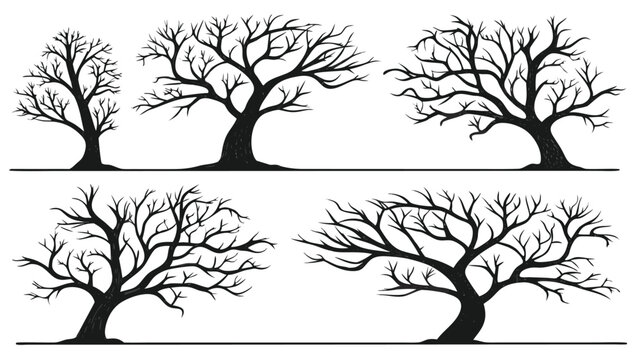 Vector illustration set of hand drawn silhouettes of bare leafless trees