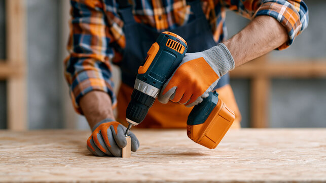 Close up of worker hands using cordless drill on wooden board. Carpenter wearing protective gloves operating power tool in workshop. Construction and renovation concept