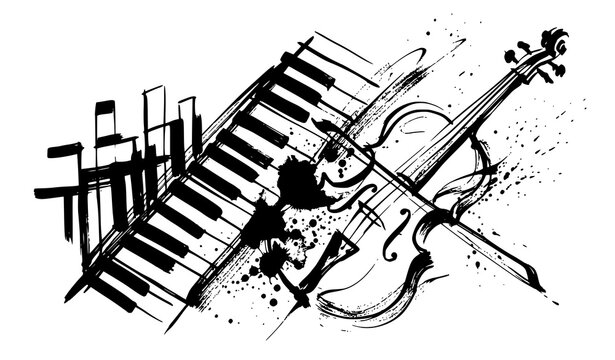 Abstract music rhythm ink illustration piano and violin expressive sound visualization