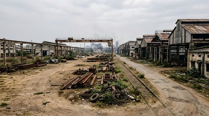 Fototapeta premium Dilapidated abandoned industrial factory site featuring weathered metal warehouse structures and rusty steel machinery scattered across vast dirt lot under 