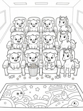 Baby piglets and foals in a movie theater, top view coloring page