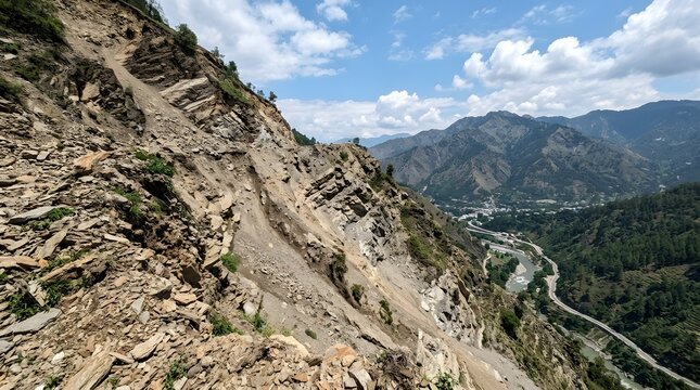 Mountain road blocked by massive rockfall during daytime in himalayas scenic landscape with winding river passing through deep valley and blue sky with 