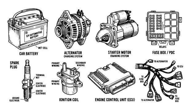 Automotive Electrical Components Vector Set for Vehicle Maintenance and Repair Isolated on White