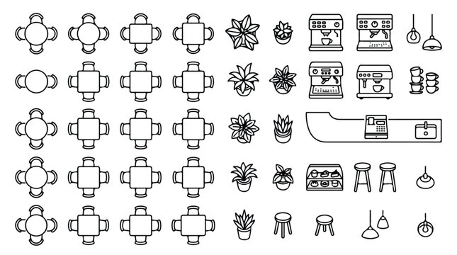 Minimalist cafe floor plan icons, top view restaurant furniture set, architectural interior design symbols for coffee shop layout planning