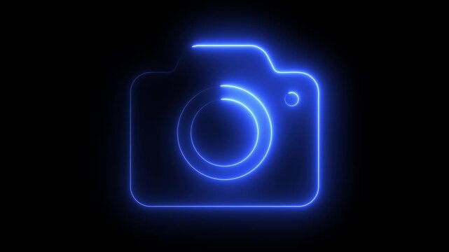Glowing neon camera animation with pulsing light effect on black background, blue