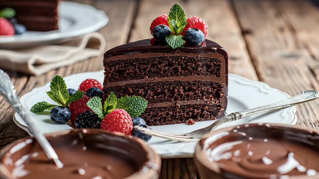 Decadent chocolate cake slice with fresh berries and mint
