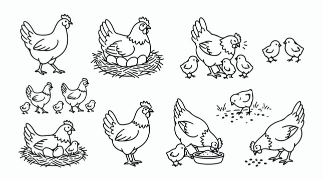 Hand drawn chicken and hen vector set, farm animal line art collection, mother hen with chicks and eggs in nest, rustic poultry illustrations