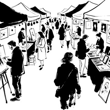 Outdoor art fair with artists painting and selling their work to visitors