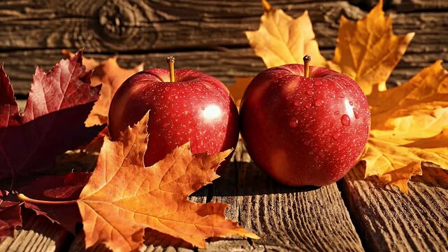 Two ripe red apples rest amongst colorful autumn leaves on weathered wood