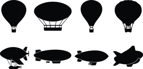 Hot Air Balloon and Zeppelin Silhouette Vector Icons Set for Travel and Aviation Design © Jafrin