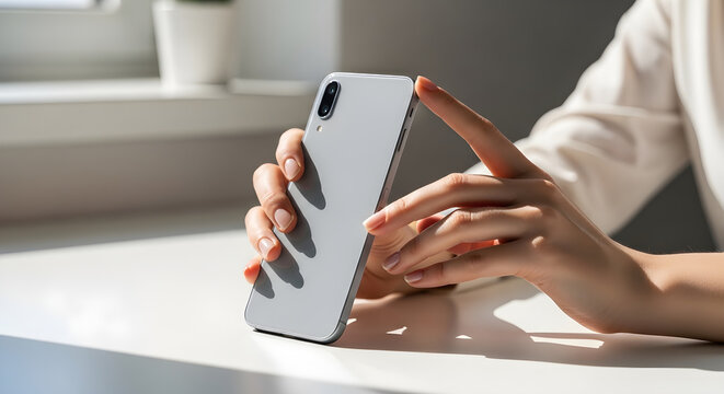 Close-up of person holding smartphone in bright modern office