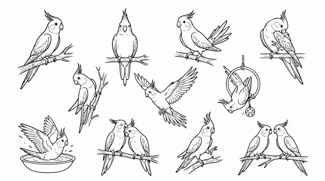 Hand drawn cockatiel bird vector set, black and white parrot line art illustrations, pet bird sketches for coloring books and nature designs