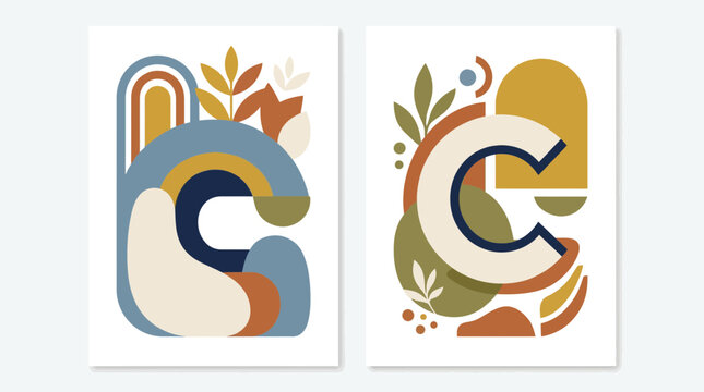Abstract botanical letter C monogram wall art diptych.