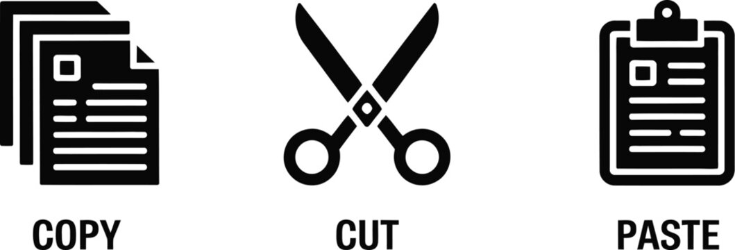 Copy cut paste icons, document editing symbols with clipboard and scissors tools for office software and user interface design.